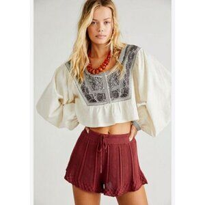 Free People Iggie Embroidered Top in Ivory & Black Bean Combo Size MEDIUM